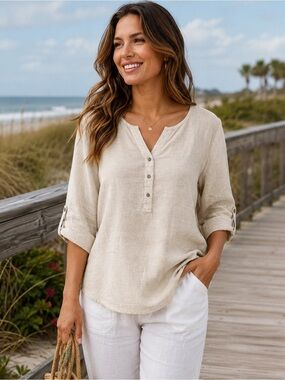 Hester & Orchard Linen Blend Henley Top Medium Roll Tab Sleeve Beige Coastal